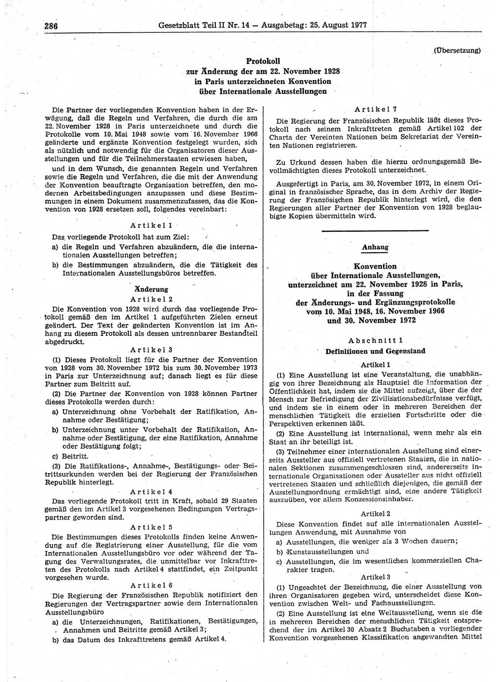 Gesetzblatt (GBl.) der Deutschen Demokratischen Republik (DDR) Teil ⅠⅠ 1977, Seite 286 (GBl. DDR ⅠⅠ 1977, S. 286)