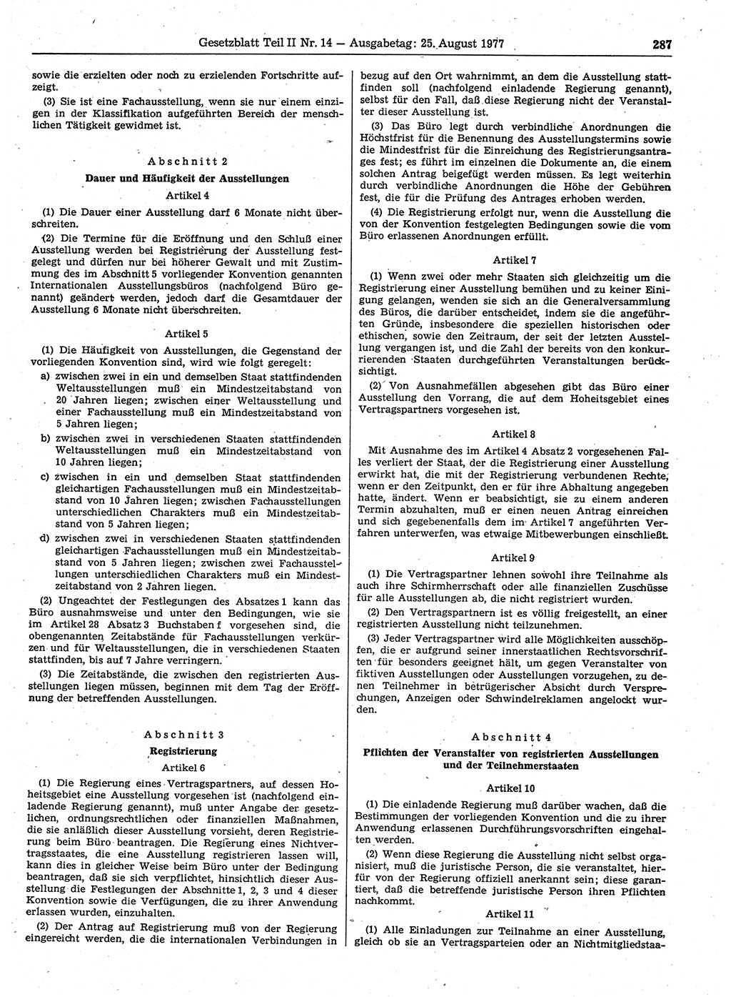 Gesetzblatt (GBl.) der Deutschen Demokratischen Republik (DDR) Teil ⅠⅠ 1977, Seite 287 (GBl. DDR ⅠⅠ 1977, S. 287)