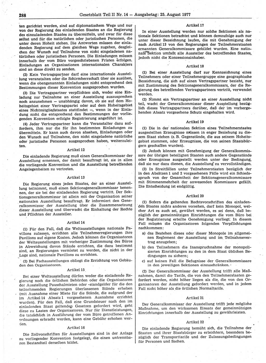 Gesetzblatt (GBl.) der Deutschen Demokratischen Republik (DDR) Teil ⅠⅠ 1977, Seite 288 (GBl. DDR ⅠⅠ 1977, S. 288)