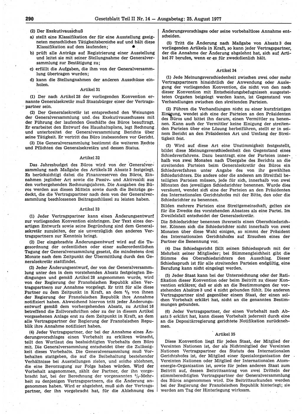 Gesetzblatt (GBl.) der Deutschen Demokratischen Republik (DDR) Teil ⅠⅠ 1977, Seite 290 (GBl. DDR ⅠⅠ 1977, S. 290)