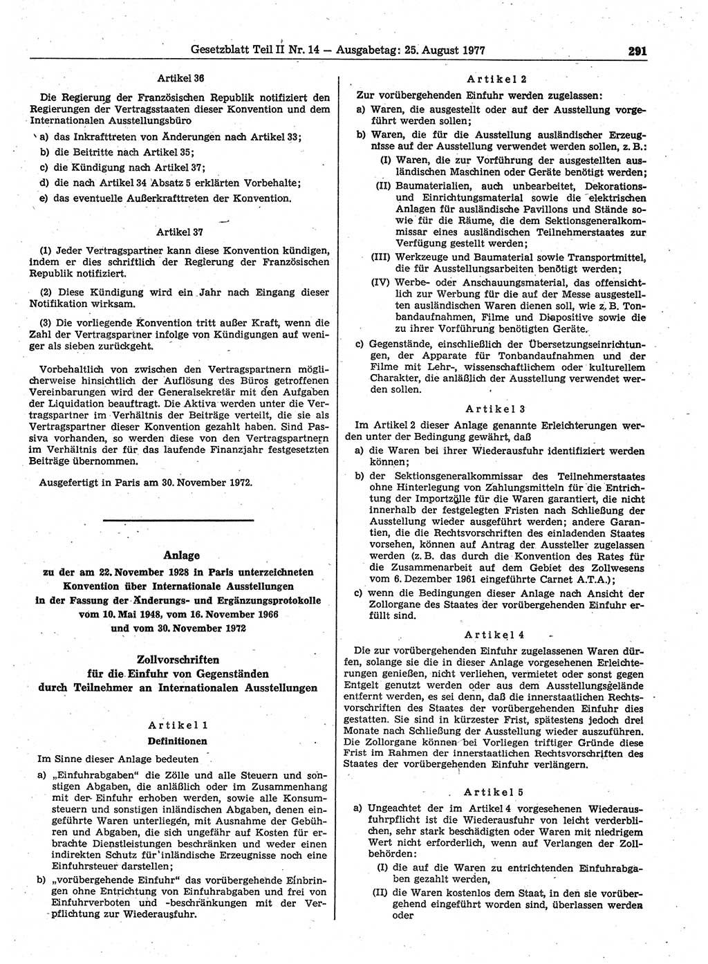 Gesetzblatt (GBl.) der Deutschen Demokratischen Republik (DDR) Teil ⅠⅠ 1977, Seite 291 (GBl. DDR ⅠⅠ 1977, S. 291)