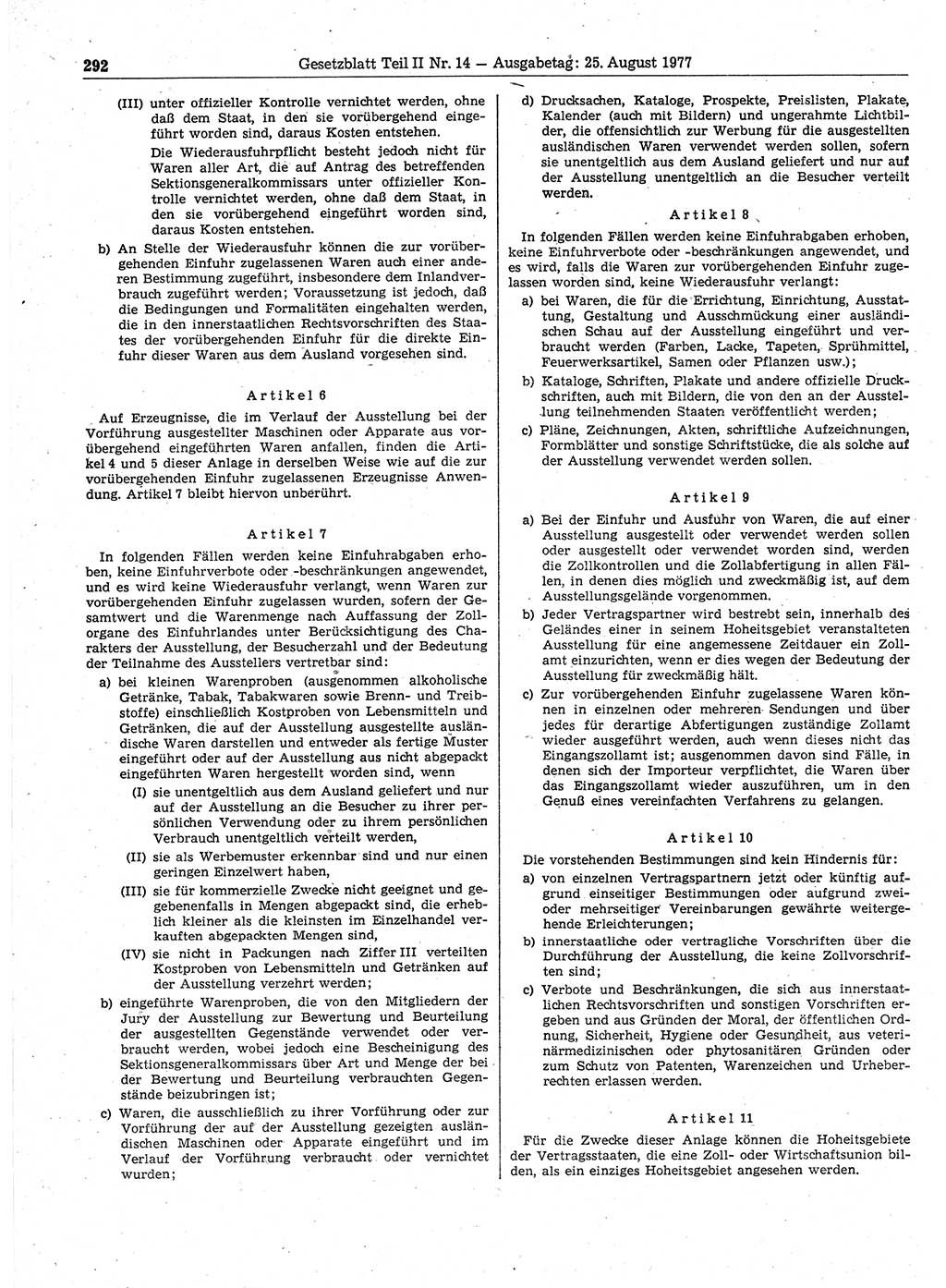 Gesetzblatt (GBl.) der Deutschen Demokratischen Republik (DDR) Teil ⅠⅠ 1977, Seite 292 (GBl. DDR ⅠⅠ 1977, S. 292)