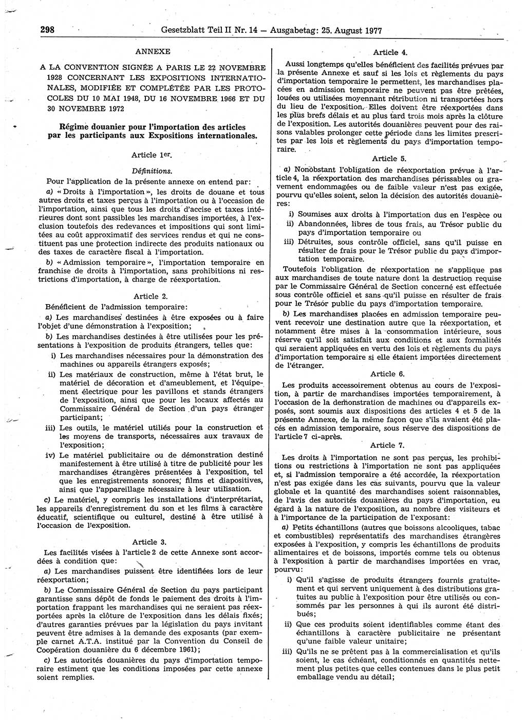 Gesetzblatt (GBl.) der Deutschen Demokratischen Republik (DDR) Teil ⅠⅠ 1977, Seite 298 (GBl. DDR ⅠⅠ 1977, S. 298)