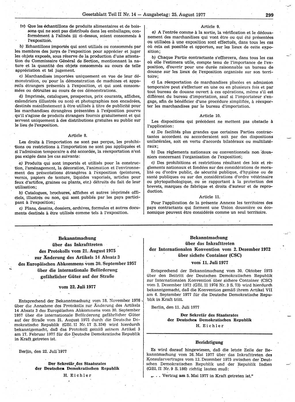 Gesetzblatt (GBl.) der Deutschen Demokratischen Republik (DDR) Teil ⅠⅠ 1977, Seite 299 (GBl. DDR ⅠⅠ 1977, S. 299)
