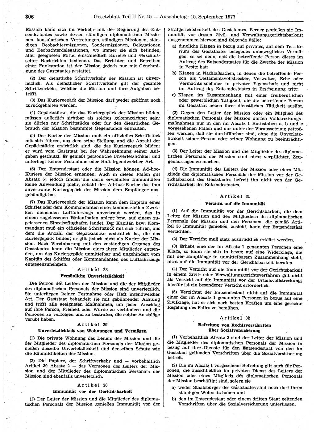 Gesetzblatt (GBl.) der Deutschen Demokratischen Republik (DDR) Teil ⅠⅠ 1977, Seite 306 (GBl. DDR ⅠⅠ 1977, S. 306)