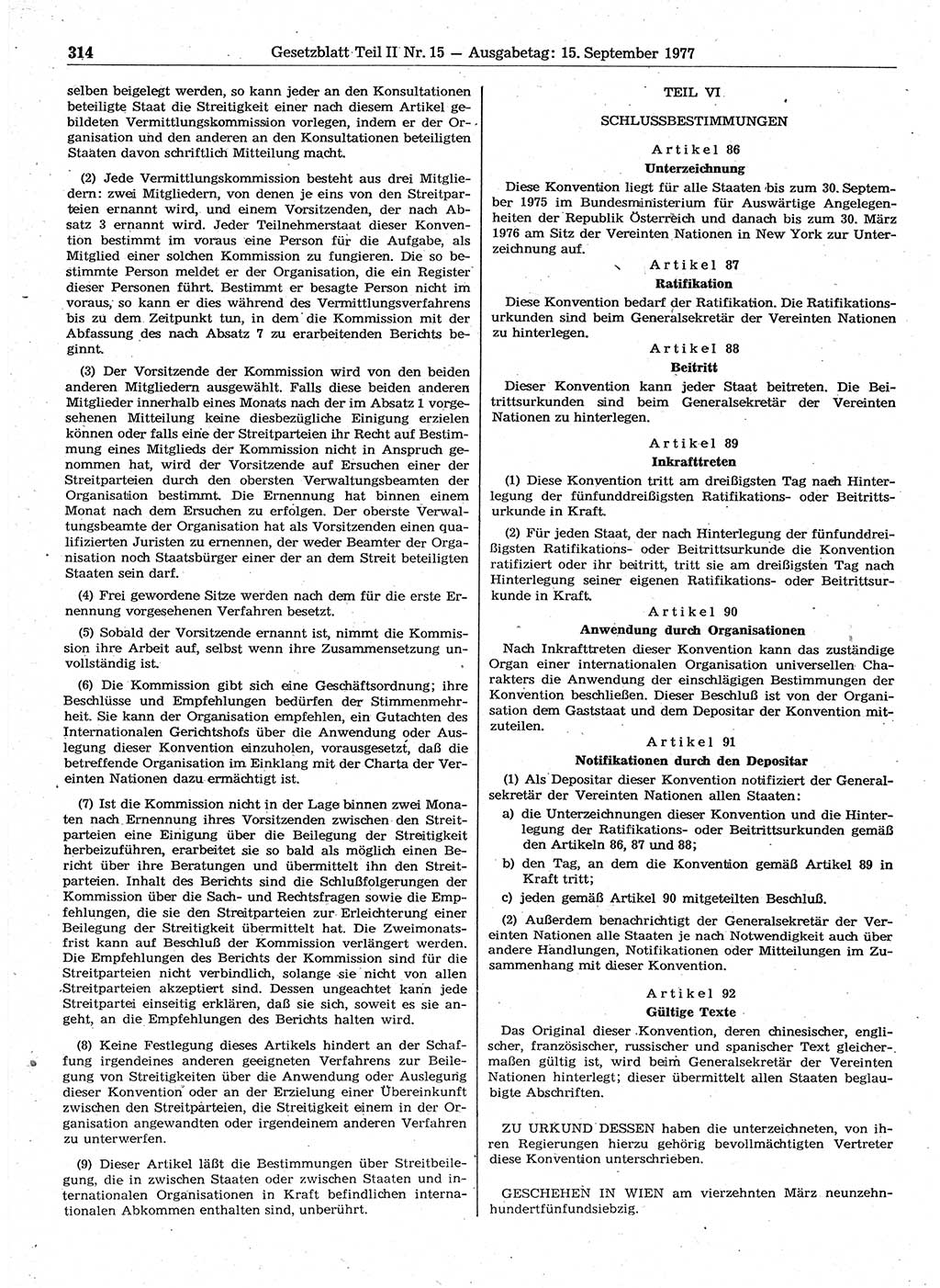 Gesetzblatt (GBl.) der Deutschen Demokratischen Republik (DDR) Teil ⅠⅠ 1977, Seite 314 (GBl. DDR ⅠⅠ 1977, S. 314)