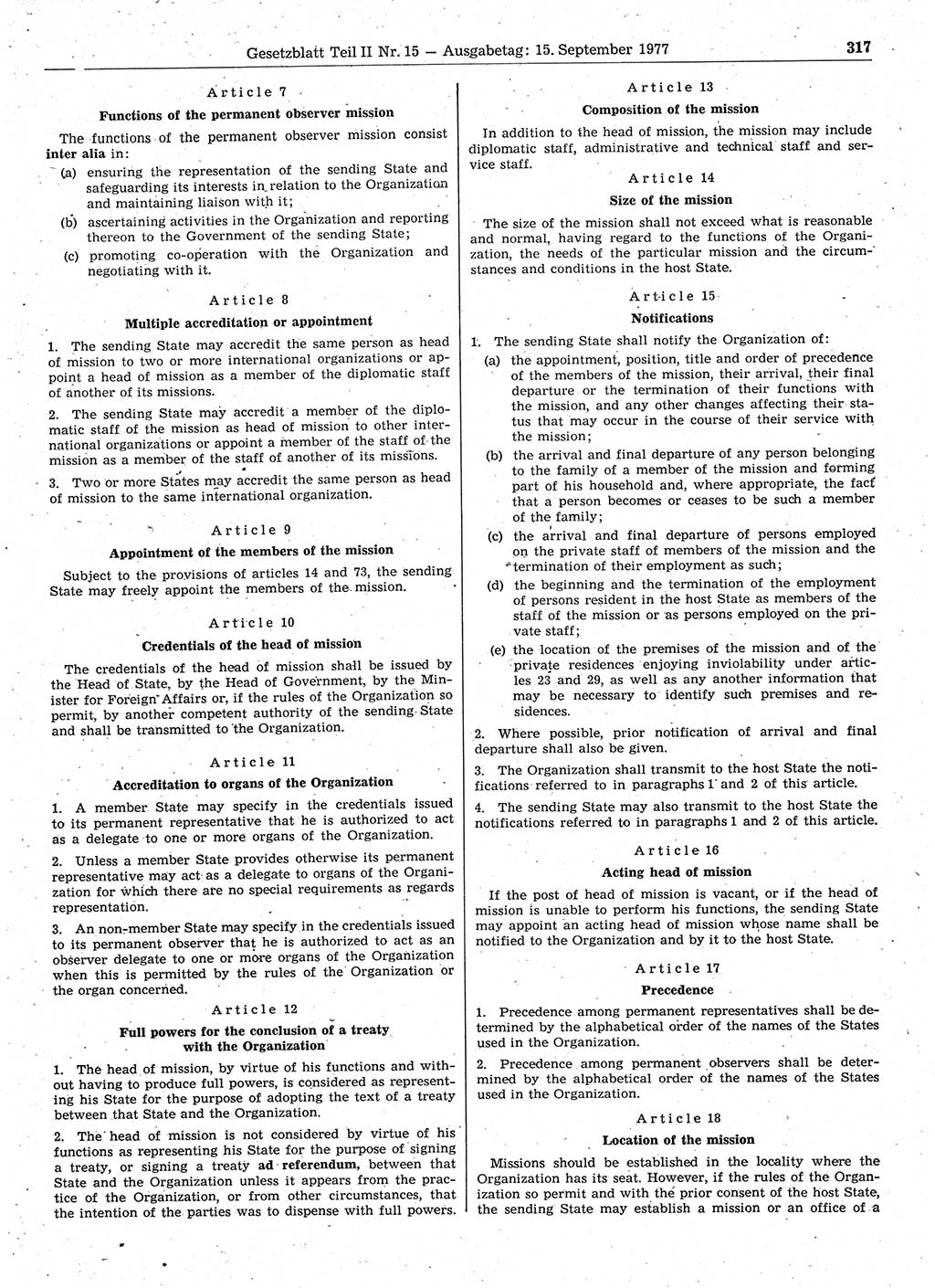 Gesetzblatt (GBl.) der Deutschen Demokratischen Republik (DDR) Teil ⅠⅠ 1977, Seite 317 (GBl. DDR ⅠⅠ 1977, S. 317)