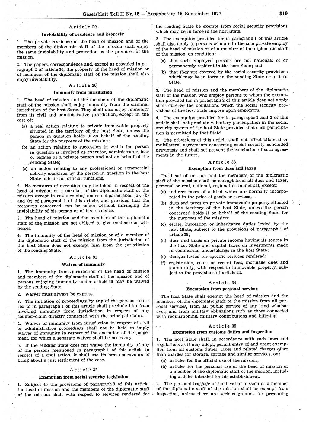 Gesetzblatt (GBl.) der Deutschen Demokratischen Republik (DDR) Teil ⅠⅠ 1977, Seite 319 (GBl. DDR ⅠⅠ 1977, S. 319)