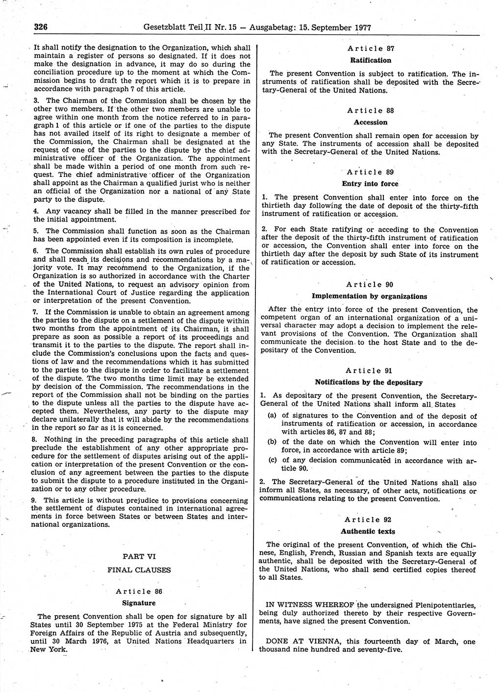 Gesetzblatt (GBl.) der Deutschen Demokratischen Republik (DDR) Teil ⅠⅠ 1977, Seite 326 (GBl. DDR ⅠⅠ 1977, S. 326)