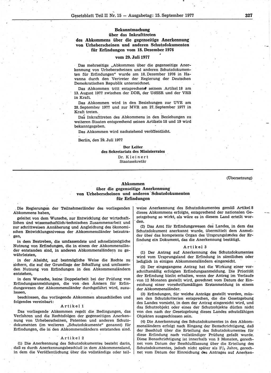 Gesetzblatt (GBl.) der Deutschen Demokratischen Republik (DDR) Teil ⅠⅠ 1977, Seite 327 (GBl. DDR ⅠⅠ 1977, S. 327)