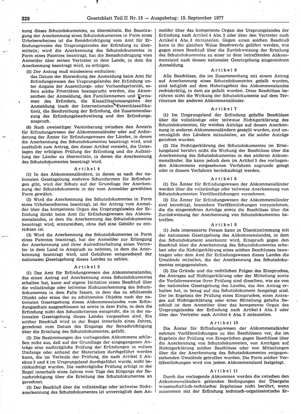 Gesetzblatt (GBl.) der Deutschen Demokratischen Republik (DDR) Teil ⅠⅠ 1977, Seite 328 (GBl. DDR ⅠⅠ 1977, S. 328)
