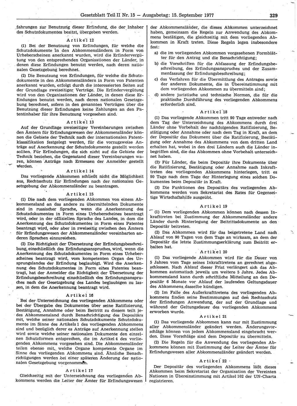 Gesetzblatt (GBl.) der Deutschen Demokratischen Republik (DDR) Teil ⅠⅠ 1977, Seite 329 (GBl. DDR ⅠⅠ 1977, S. 329)
