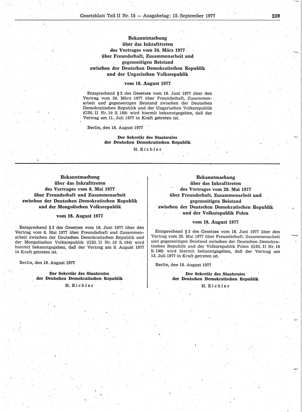 Gesetzblatt (GBl.) der Deutschen Demokratischen Republik (DDR) Teil ⅠⅠ 1977, Seite 339 (GBl. DDR ⅠⅠ 1977, S. 339)