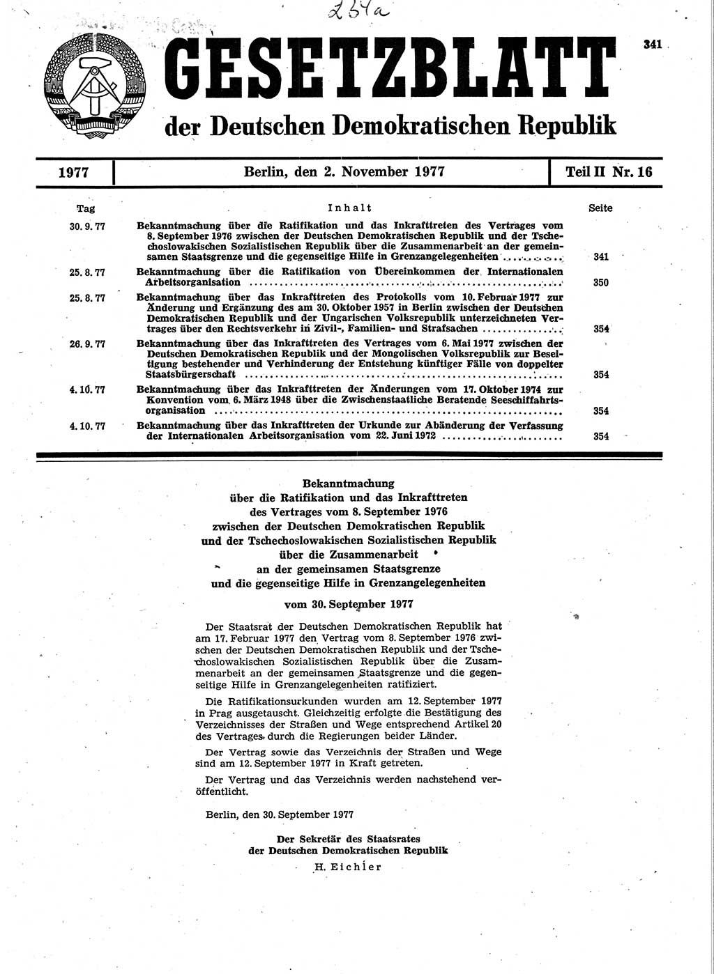Gesetzblatt (GBl.) der Deutschen Demokratischen Republik (DDR) Teil ⅠⅠ 1977, Seite 341 (GBl. DDR ⅠⅠ 1977, S. 341)