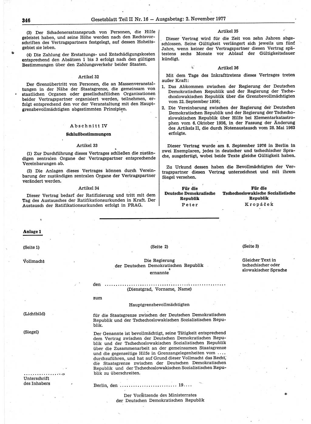 Gesetzblatt (GBl.) der Deutschen Demokratischen Republik (DDR) Teil ⅠⅠ 1977, Seite 346 (GBl. DDR ⅠⅠ 1977, S. 346)