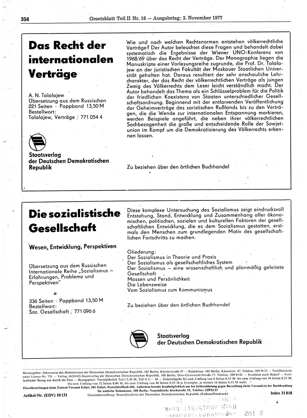 Gesetzblatt (GBl.) der Deutschen Demokratischen Republik (DDR) Teil ⅠⅠ 1977, Seite 356 (GBl. DDR ⅠⅠ 1977, S. 356)