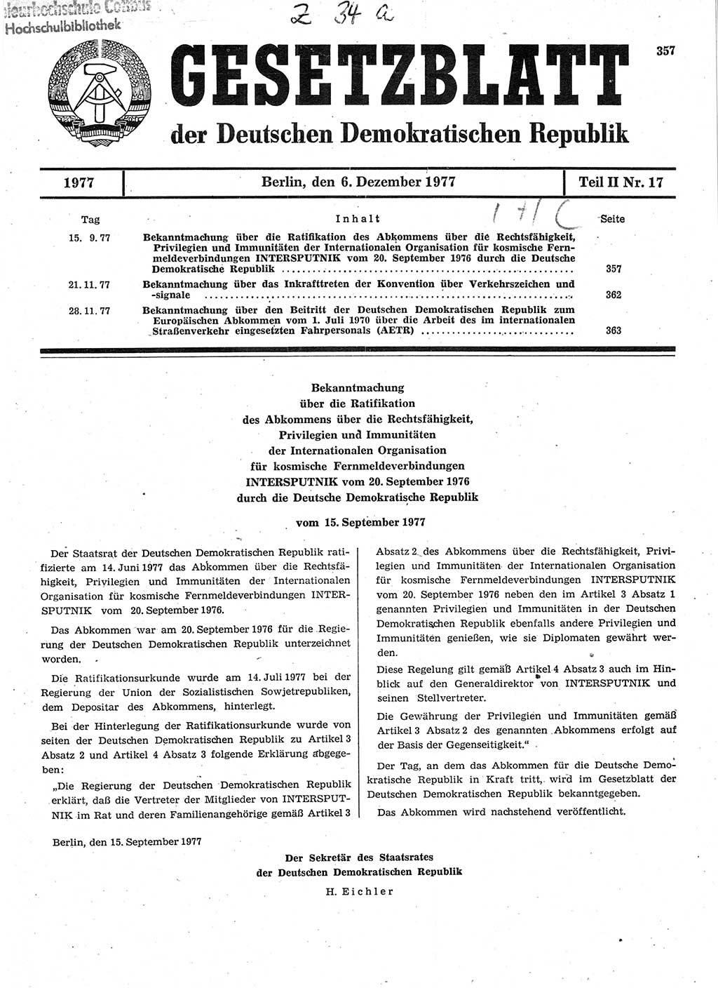 Gesetzblatt (GBl.) der Deutschen Demokratischen Republik (DDR) Teil ⅠⅠ 1977, Seite 357 (GBl. DDR ⅠⅠ 1977, S. 357)