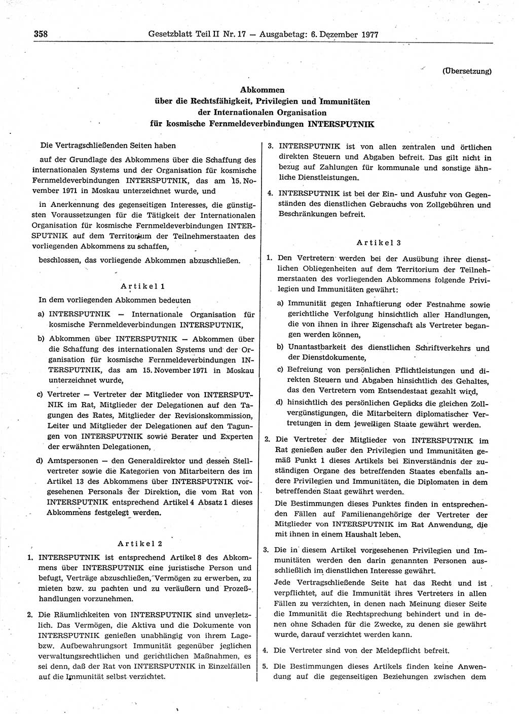 Gesetzblatt (GBl.) der Deutschen Demokratischen Republik (DDR) Teil ⅠⅠ 1977, Seite 358 (GBl. DDR ⅠⅠ 1977, S. 358)