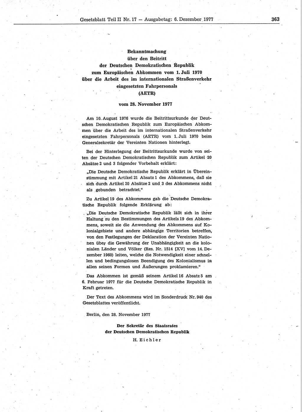 Gesetzblatt (GBl.) der Deutschen Demokratischen Republik (DDR) Teil ⅠⅠ 1977, Seite 363 (GBl. DDR ⅠⅠ 1977, S. 363)