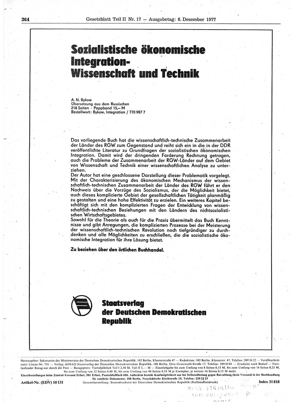 Gesetzblatt (GBl.) der Deutschen Demokratischen Republik (DDR) Teil ⅠⅠ 1977, Seite 364 (GBl. DDR ⅠⅠ 1977, S. 364)