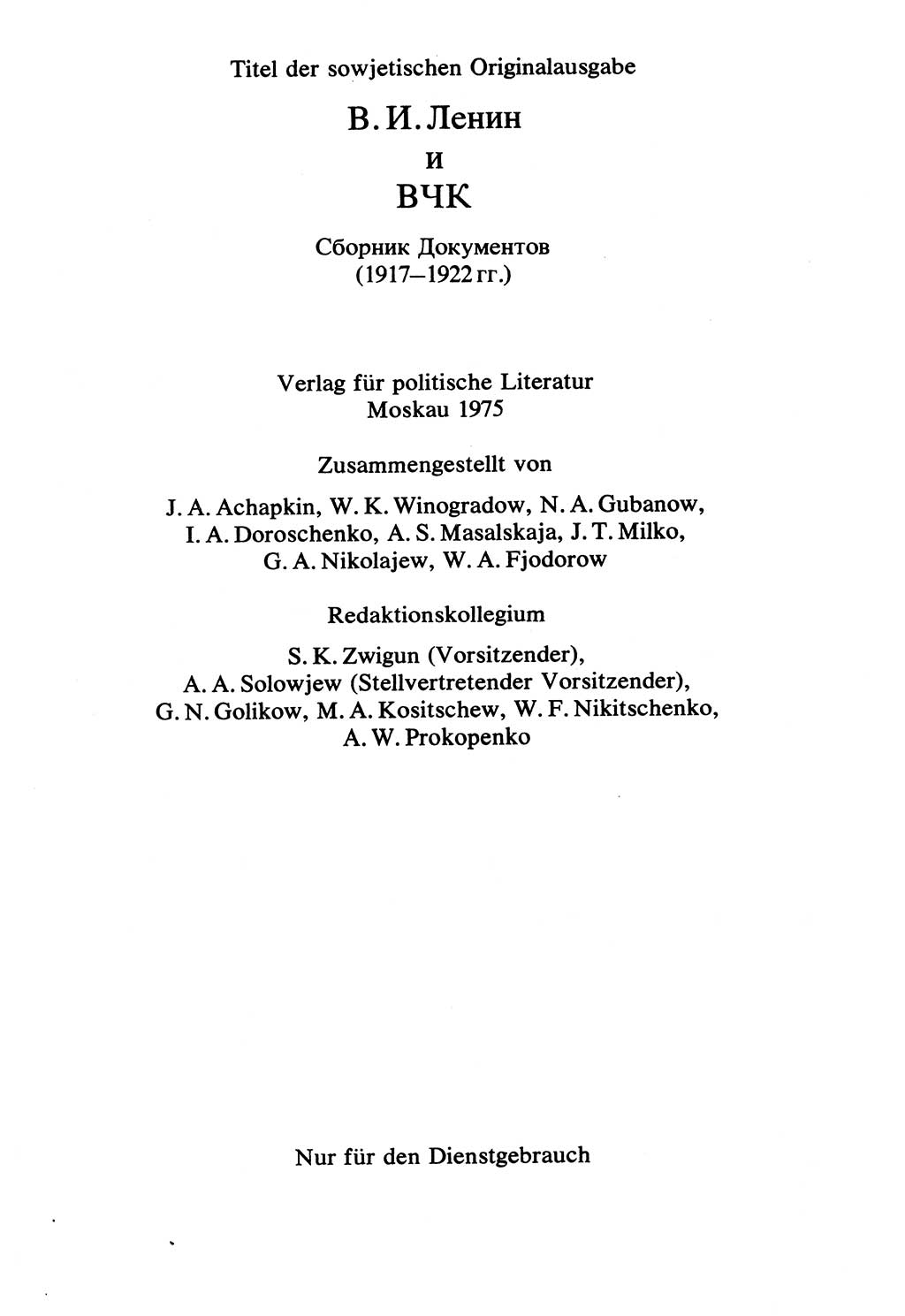 Lenin und die Gesamtrussische Tscheka, Dokumentensammlung, Ministerium für Staatssicherheit (MfS) [Deutsche Demokratische Republik (DDR)], Juristische Hochschule (JHS) Potsdam 1977, Seite 2 (Tscheka Dok. MfS DDR 1977, S. 2)