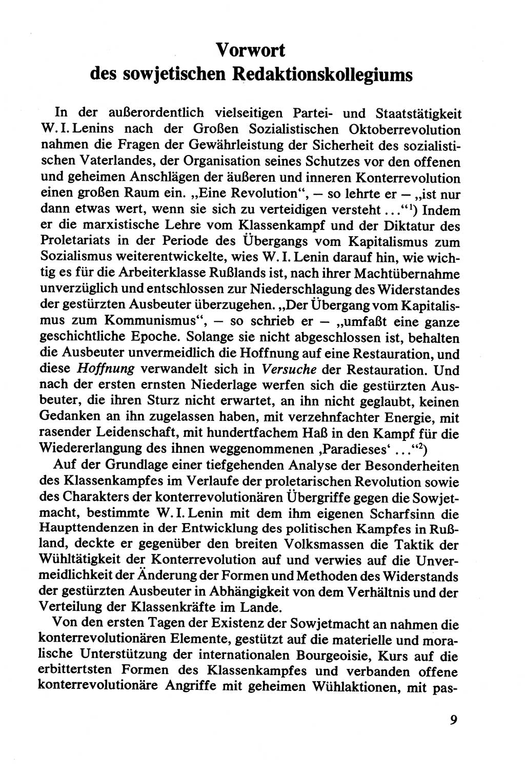 Lenin und die Gesamtrussische Tscheka, Dokumentensammlung, Ministerium für Staatssicherheit (MfS) [Deutsche Demokratische Republik (DDR)], Juristische Hochschule (JHS) Potsdam 1977, Seite 9 (Tscheka Dok. MfS DDR 1977, S. 9)