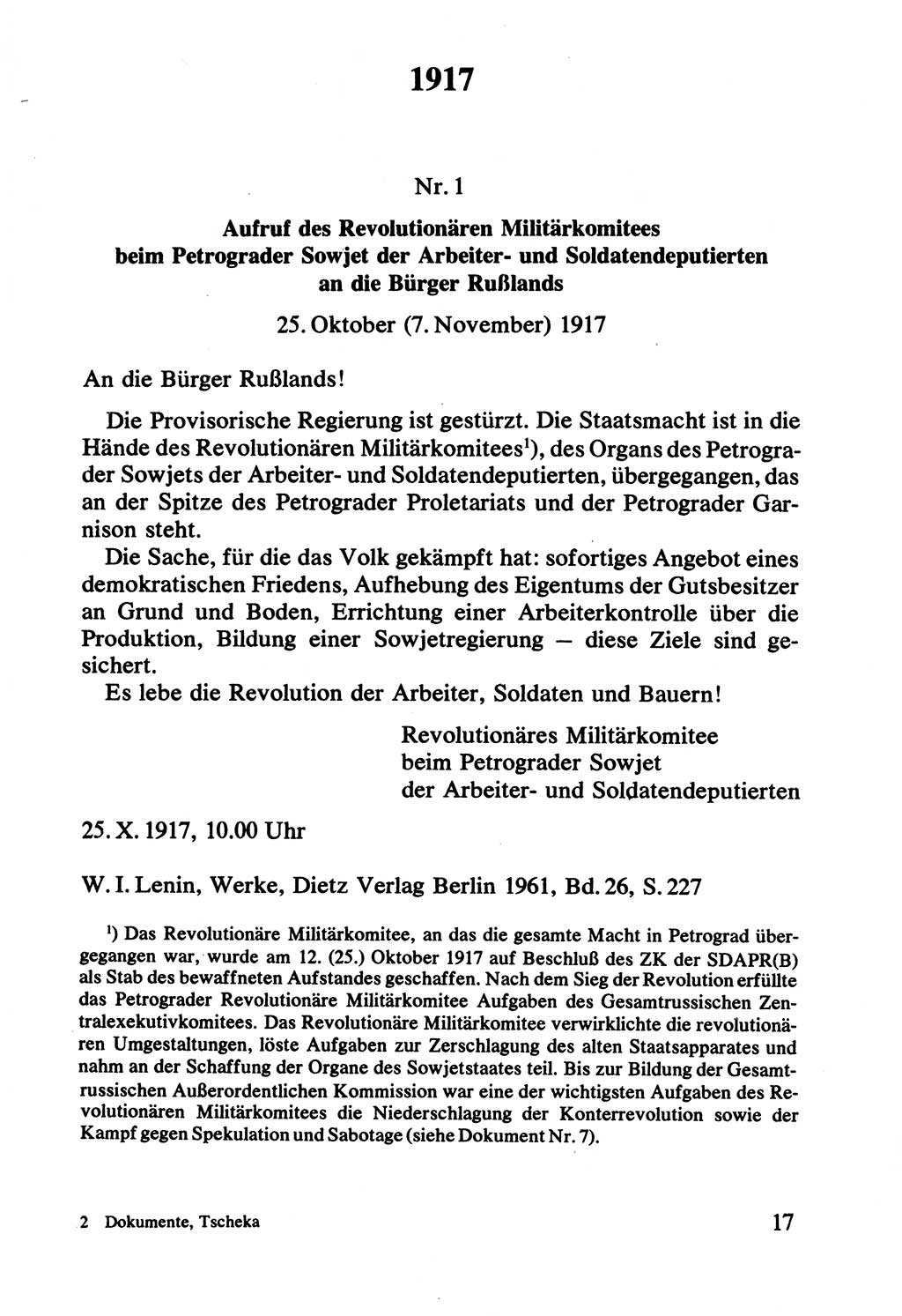 Lenin und die Gesamtrussische Tscheka, Dokumentensammlung, Ministerium für Staatssicherheit (MfS) [Deutsche Demokratische Republik (DDR)], Juristische Hochschule (JHS) Potsdam 1977, Seite 17 (Tscheka Dok. MfS DDR 1977, S. 17)