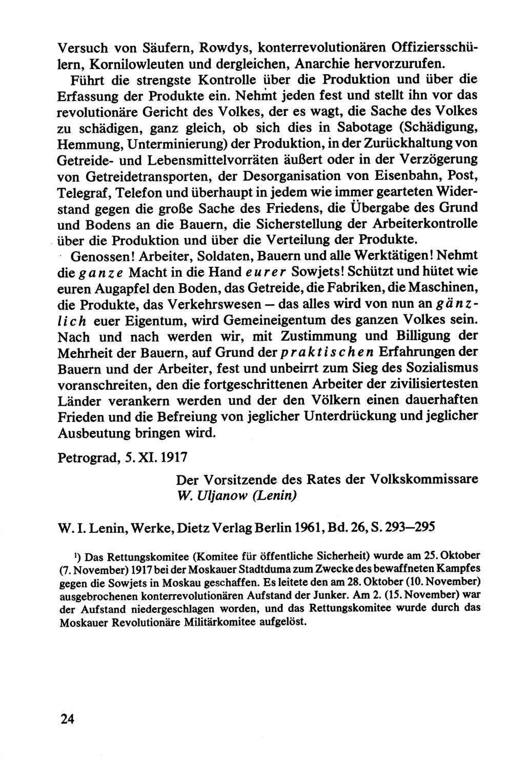 Lenin und die Gesamtrussische Tscheka, Dokumentensammlung, Ministerium für Staatssicherheit (MfS) [Deutsche Demokratische Republik (DDR)], Juristische Hochschule (JHS) Potsdam 1977, Seite 24 (Tscheka Dok. MfS DDR 1977, S. 24)