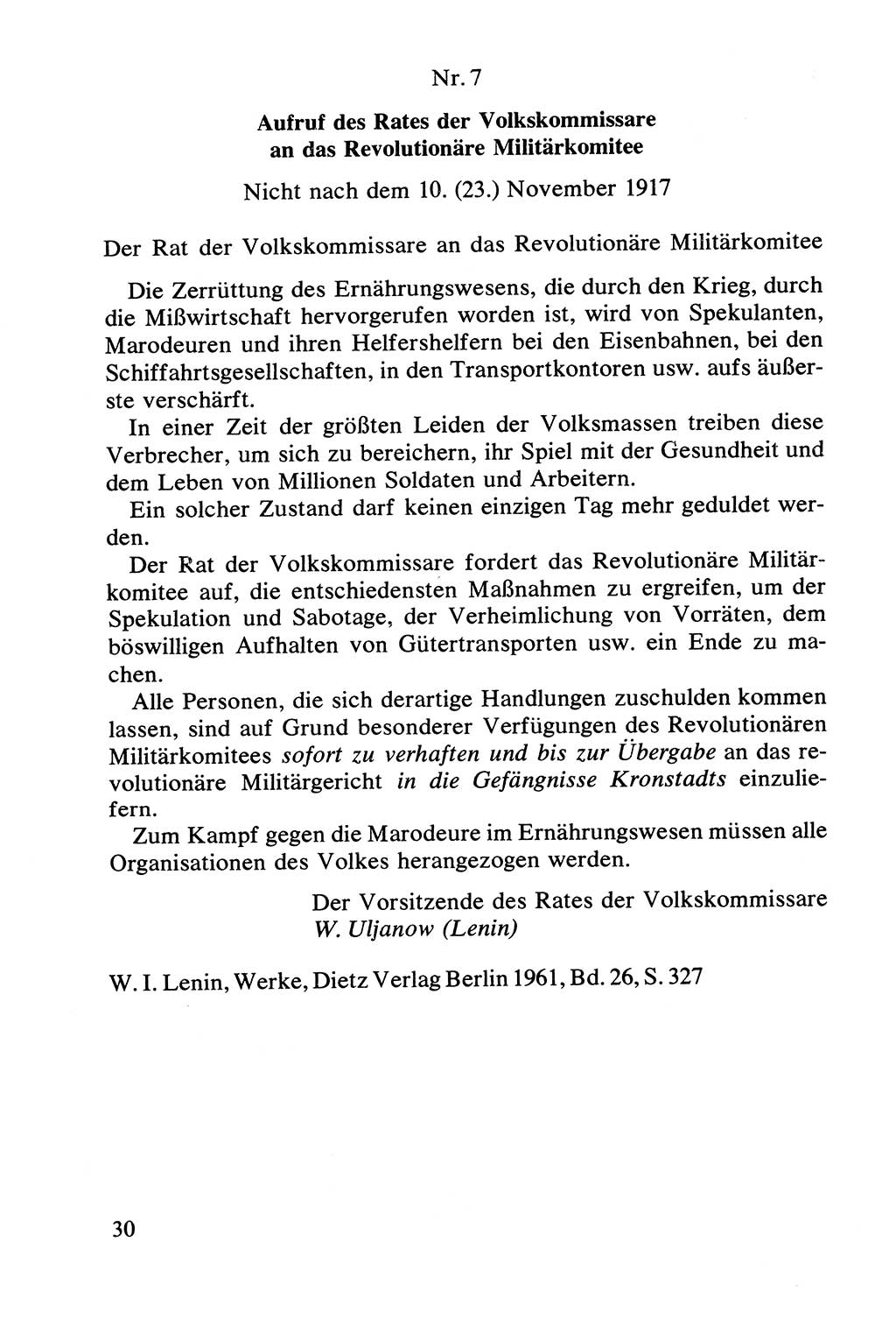 Lenin und die Gesamtrussische Tscheka, Dokumentensammlung, Ministerium für Staatssicherheit (MfS) [Deutsche Demokratische Republik (DDR)], Juristische Hochschule (JHS) Potsdam 1977, Seite 30 (Tscheka Dok. MfS DDR 1977, S. 30)