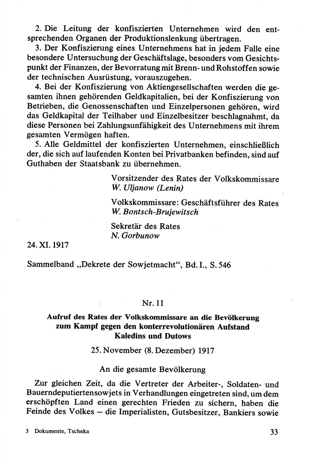 Lenin und die Gesamtrussische Tscheka, Dokumentensammlung, Ministerium für Staatssicherheit (MfS) [Deutsche Demokratische Republik (DDR)], Juristische Hochschule (JHS) Potsdam 1977, Seite 33 (Tscheka Dok. MfS DDR 1977, S. 33)