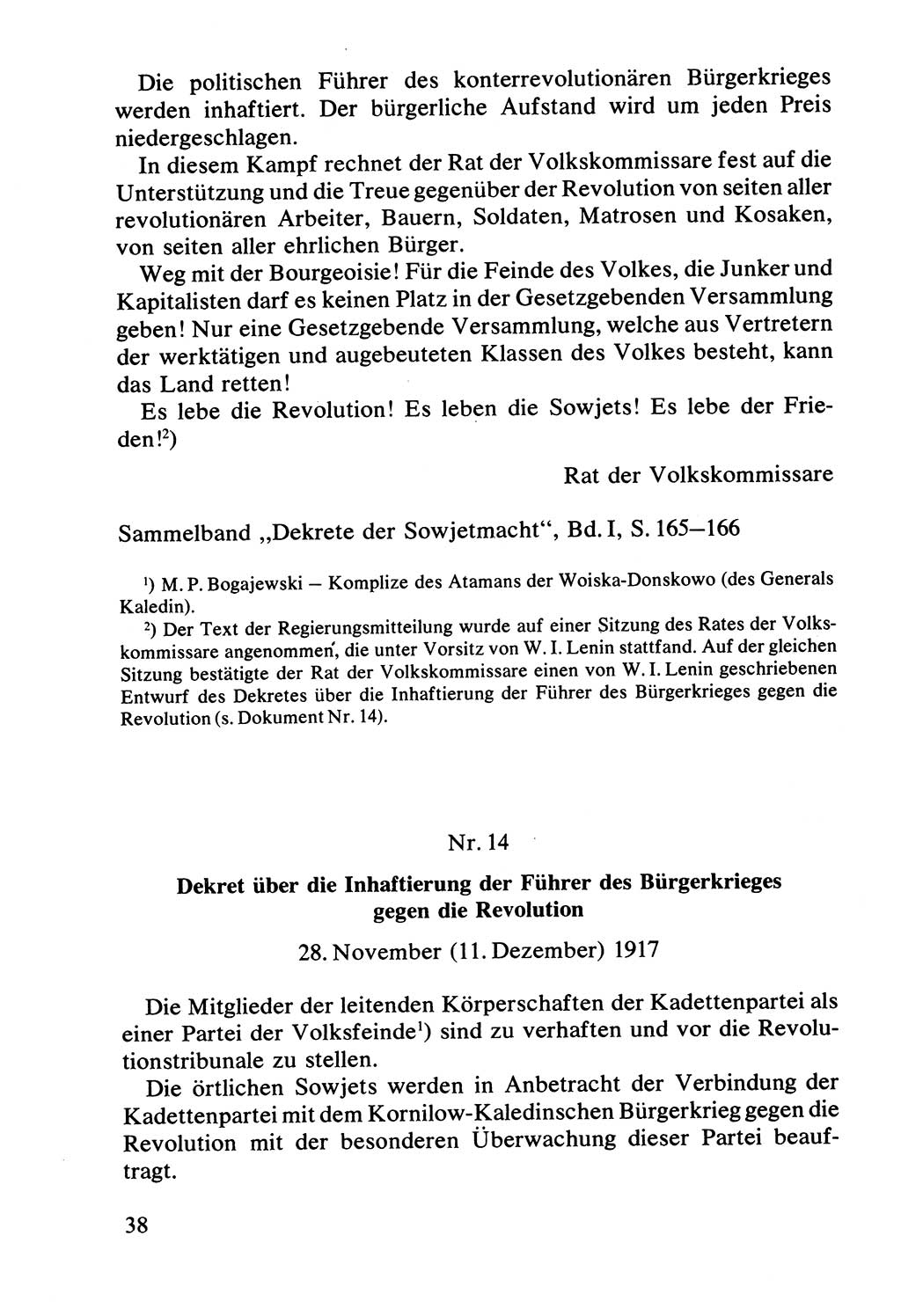 Lenin und die Gesamtrussische Tscheka, Dokumentensammlung, Ministerium für Staatssicherheit (MfS) [Deutsche Demokratische Republik (DDR)], Juristische Hochschule (JHS) Potsdam 1977, Seite 38 (Tscheka Dok. MfS DDR 1977, S. 38)