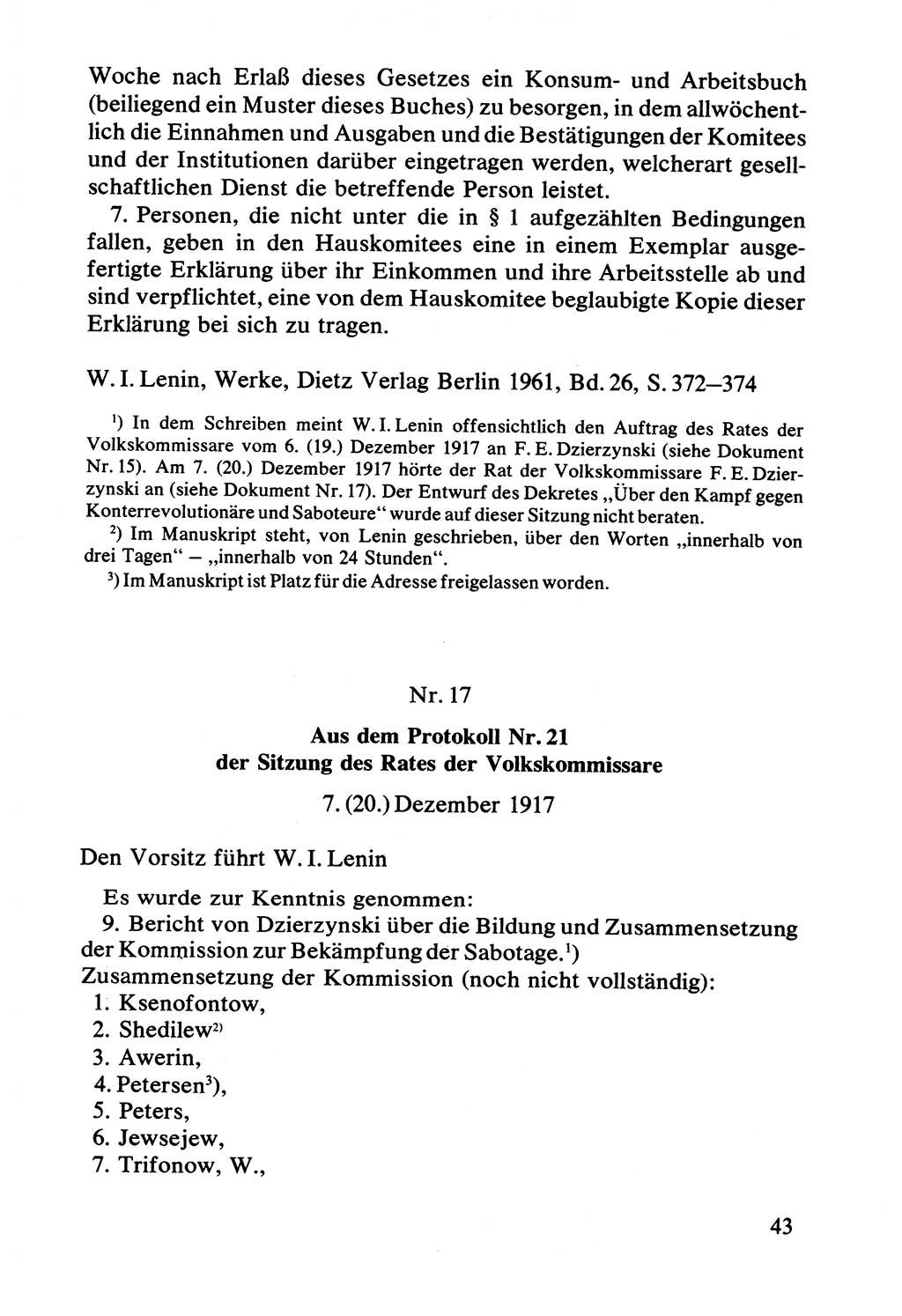 Lenin und die Gesamtrussische Tscheka, Dokumentensammlung, Ministerium für Staatssicherheit (MfS) [Deutsche Demokratische Republik (DDR)], Juristische Hochschule (JHS) Potsdam 1977, Seite 43 (Tscheka Dok. MfS DDR 1977, S. 43)