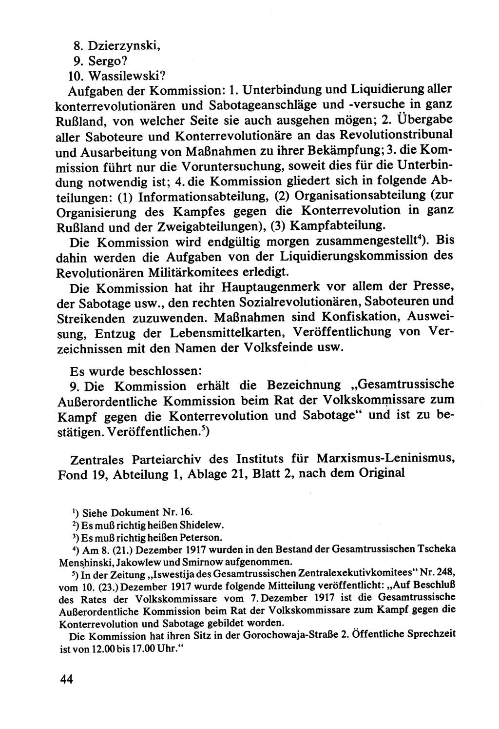 Lenin und die Gesamtrussische Tscheka, Dokumentensammlung, Ministerium für Staatssicherheit (MfS) [Deutsche Demokratische Republik (DDR)], Juristische Hochschule (JHS) Potsdam 1977, Seite 44 (Tscheka Dok. MfS DDR 1977, S. 44)