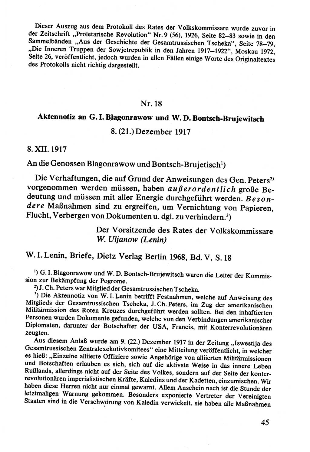 Lenin und die Gesamtrussische Tscheka, Dokumentensammlung, Ministerium für Staatssicherheit (MfS) [Deutsche Demokratische Republik (DDR)], Juristische Hochschule (JHS) Potsdam 1977, Seite 45 (Tscheka Dok. MfS DDR 1977, S. 45)