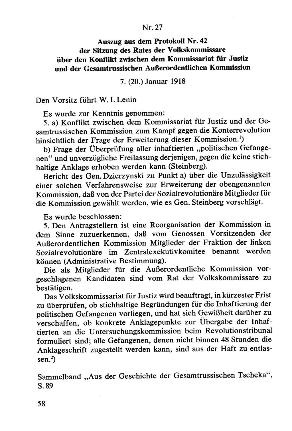 Lenin und die Gesamtrussische Tscheka, Dokumentensammlung, Ministerium für Staatssicherheit (MfS) [Deutsche Demokratische Republik (DDR)], Juristische Hochschule (JHS) Potsdam 1977, Seite 58 (Tscheka Dok. MfS DDR 1977, S. 58)