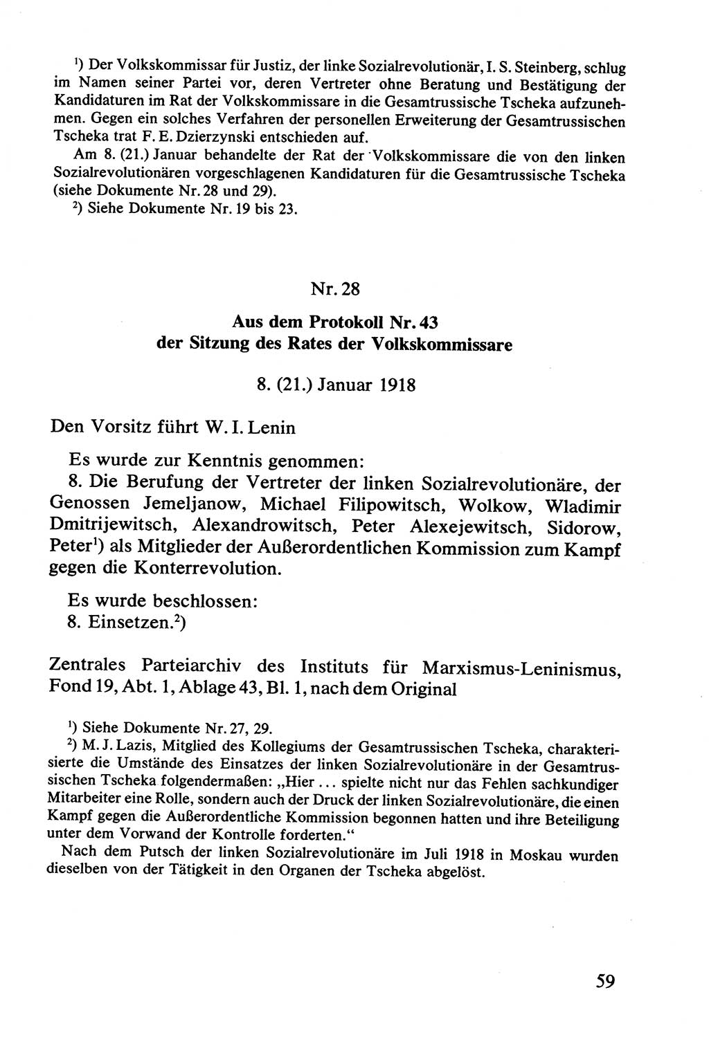 Lenin und die Gesamtrussische Tscheka, Dokumentensammlung, Ministerium für Staatssicherheit (MfS) [Deutsche Demokratische Republik (DDR)], Juristische Hochschule (JHS) Potsdam 1977, Seite 59 (Tscheka Dok. MfS DDR 1977, S. 59)