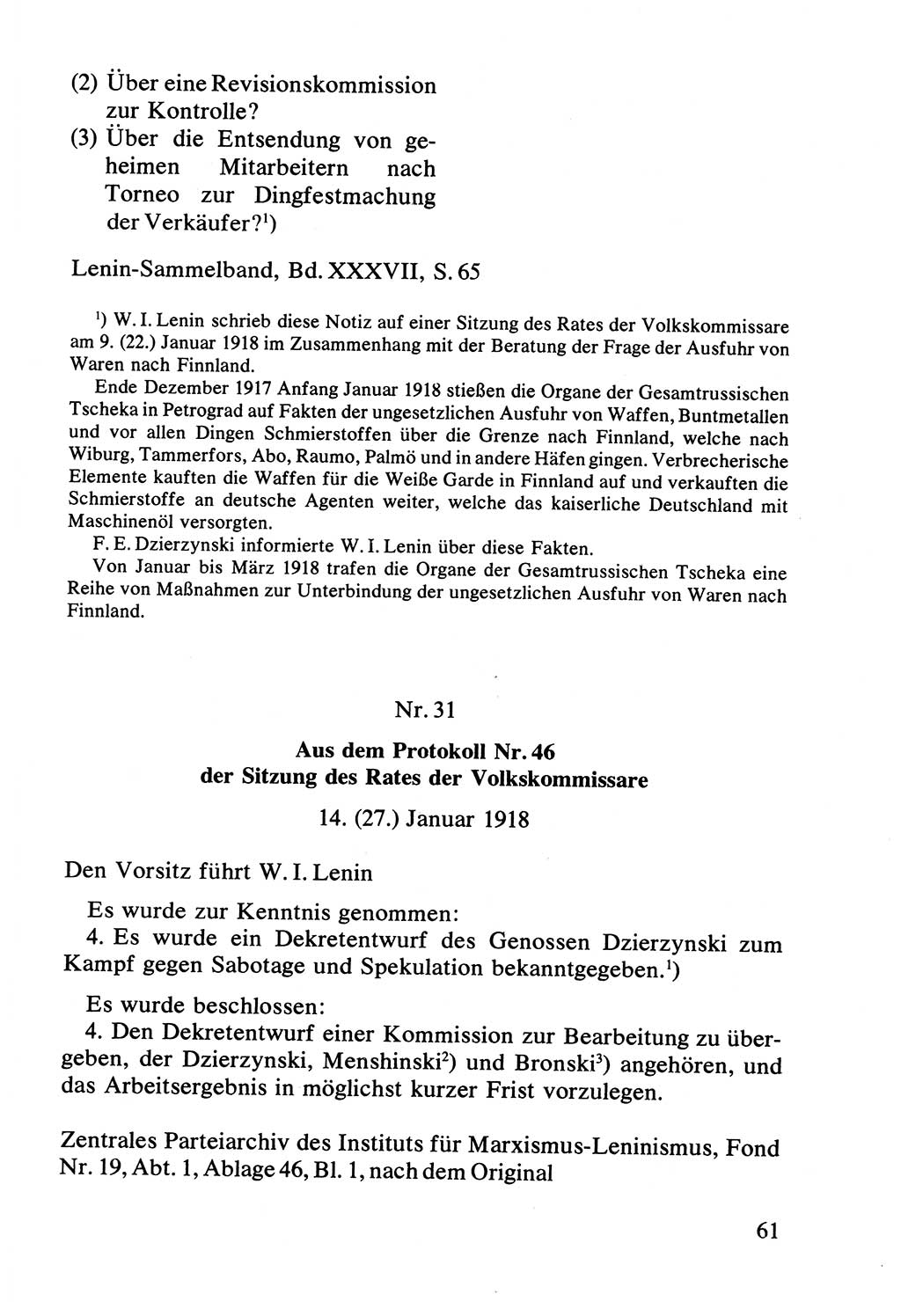 Lenin und die Gesamtrussische Tscheka, Dokumentensammlung, Ministerium für Staatssicherheit (MfS) [Deutsche Demokratische Republik (DDR)], Juristische Hochschule (JHS) Potsdam 1977, Seite 61 (Tscheka Dok. MfS DDR 1977, S. 61)