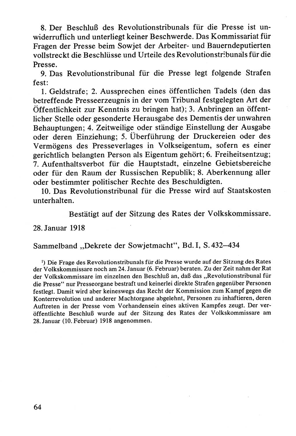 Lenin und die Gesamtrussische Tscheka, Dokumentensammlung, Ministerium für Staatssicherheit (MfS) [Deutsche Demokratische Republik (DDR)], Juristische Hochschule (JHS) Potsdam 1977, Seite 64 (Tscheka Dok. MfS DDR 1977, S. 64)