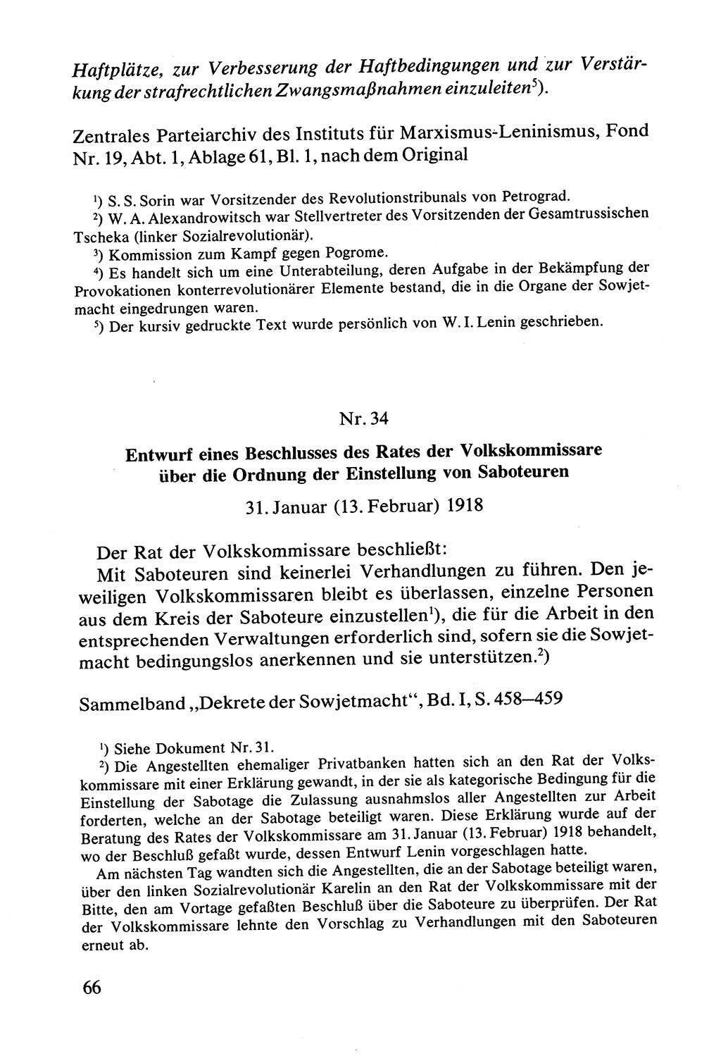 Lenin und die Gesamtrussische Tscheka, Dokumentensammlung, Ministerium für Staatssicherheit (MfS) [Deutsche Demokratische Republik (DDR)], Juristische Hochschule (JHS) Potsdam 1977, Seite 66 (Tscheka Dok. MfS DDR 1977, S. 66)