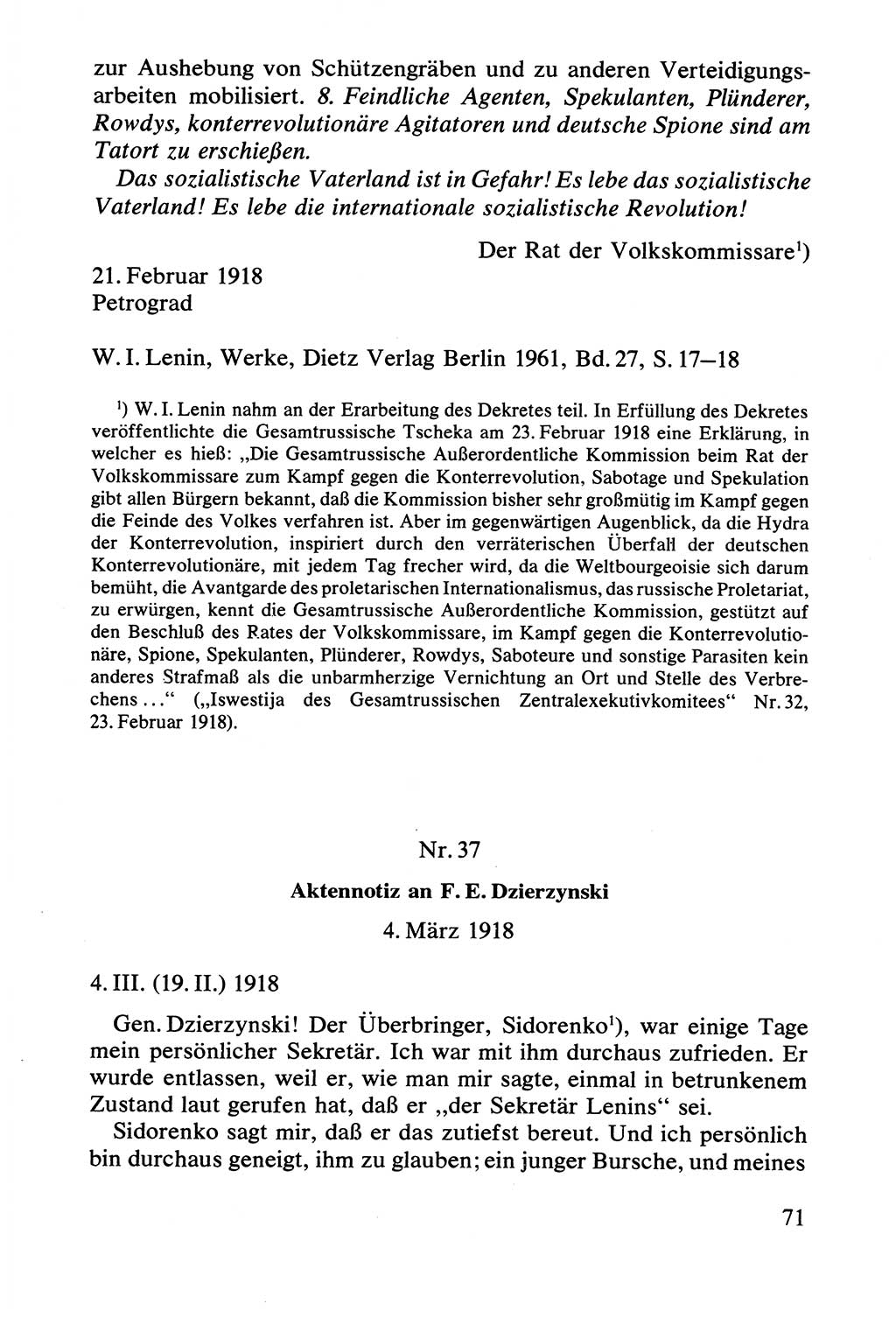 Lenin und die Gesamtrussische Tscheka, Dokumentensammlung, Ministerium für Staatssicherheit (MfS) [Deutsche Demokratische Republik (DDR)], Juristische Hochschule (JHS) Potsdam 1977, Seite 71 (Tscheka Dok. MfS DDR 1977, S. 71)