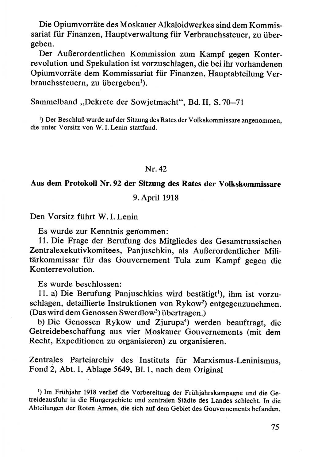 Lenin und die Gesamtrussische Tscheka, Dokumentensammlung, Ministerium für Staatssicherheit (MfS) [Deutsche Demokratische Republik (DDR)], Juristische Hochschule (JHS) Potsdam 1977, Seite 75 (Tscheka Dok. MfS DDR 1977, S. 75)