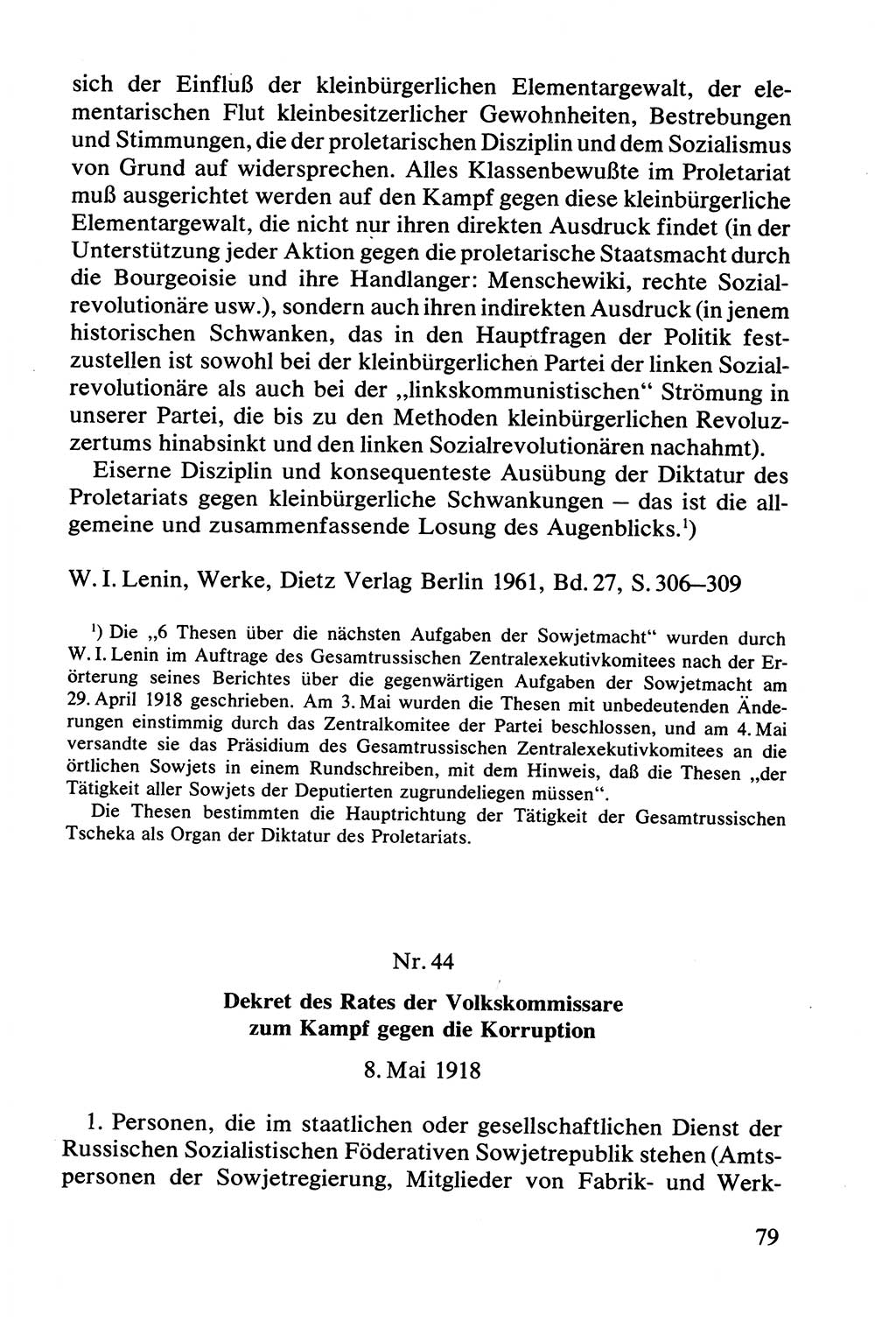 Lenin und die Gesamtrussische Tscheka, Dokumentensammlung, Ministerium für Staatssicherheit (MfS) [Deutsche Demokratische Republik (DDR)], Juristische Hochschule (JHS) Potsdam 1977, Seite 79 (Tscheka Dok. MfS DDR 1977, S. 79)