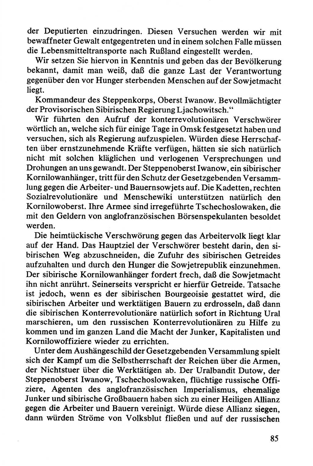 Lenin und die Gesamtrussische Tscheka, Dokumentensammlung, Ministerium für Staatssicherheit (MfS) [Deutsche Demokratische Republik (DDR)], Juristische Hochschule (JHS) Potsdam 1977, Seite 85 (Tscheka Dok. MfS DDR 1977, S. 85)