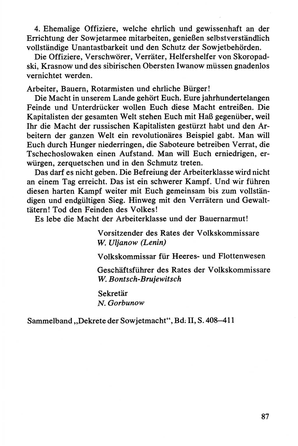 Lenin und die Gesamtrussische Tscheka, Dokumentensammlung, Ministerium für Staatssicherheit (MfS) [Deutsche Demokratische Republik (DDR)], Juristische Hochschule (JHS) Potsdam 1977, Seite 87 (Tscheka Dok. MfS DDR 1977, S. 87)