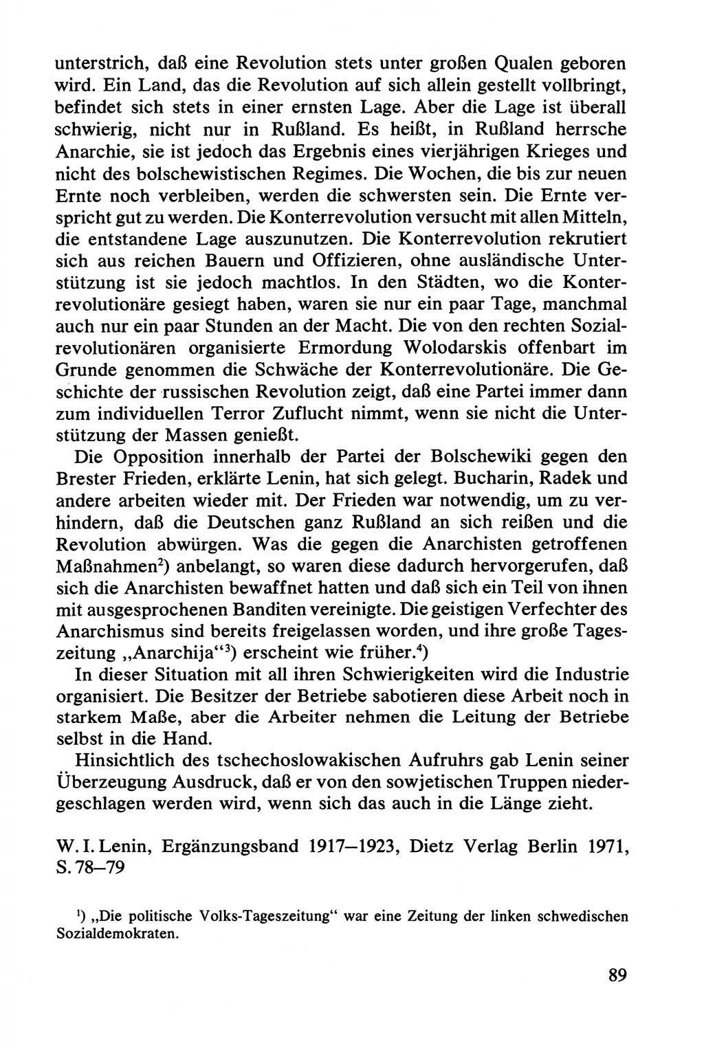 Lenin und die Gesamtrussische Tscheka, Dokumentensammlung, Ministerium für Staatssicherheit (MfS) [Deutsche Demokratische Republik (DDR)], Juristische Hochschule (JHS) Potsdam 1977, Seite 89 (Tscheka Dok. MfS DDR 1977, S. 89)