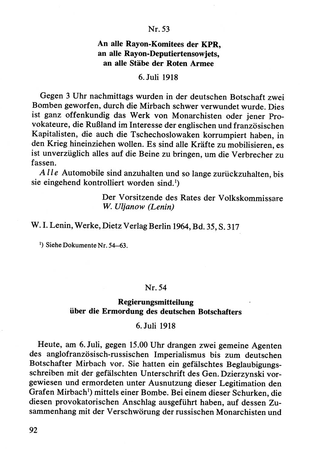 Lenin und die Gesamtrussische Tscheka, Dokumentensammlung, Ministerium für Staatssicherheit (MfS) [Deutsche Demokratische Republik (DDR)], Juristische Hochschule (JHS) Potsdam 1977, Seite 92 (Tscheka Dok. MfS DDR 1977, S. 92)