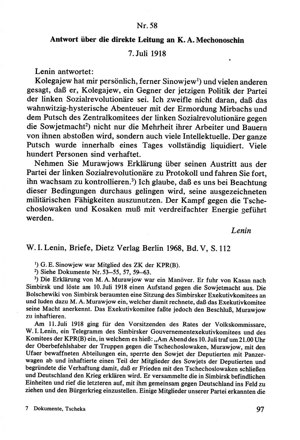 Lenin und die Gesamtrussische Tscheka, Dokumentensammlung, Ministerium für Staatssicherheit (MfS) [Deutsche Demokratische Republik (DDR)], Juristische Hochschule (JHS) Potsdam 1977, Seite 97 (Tscheka Dok. MfS DDR 1977, S. 97)