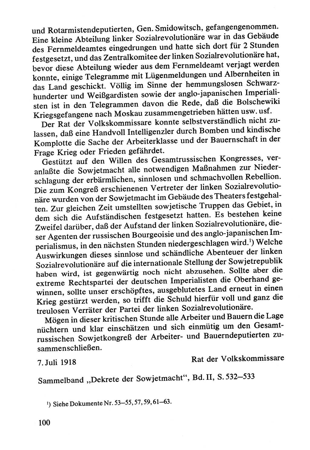 Lenin und die Gesamtrussische Tscheka, Dokumentensammlung, Ministerium für Staatssicherheit (MfS) [Deutsche Demokratische Republik (DDR)], Juristische Hochschule (JHS) Potsdam 1977, Seite 100 (Tscheka Dok. MfS DDR 1977, S. 100)