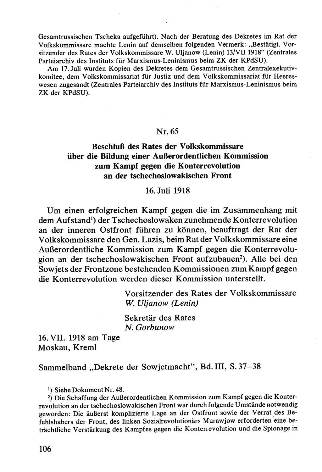 Lenin und die Gesamtrussische Tscheka, Dokumentensammlung, Ministerium für Staatssicherheit (MfS) [Deutsche Demokratische Republik (DDR)], Juristische Hochschule (JHS) Potsdam 1977, Seite 106 (Tscheka Dok. MfS DDR 1977, S. 106)