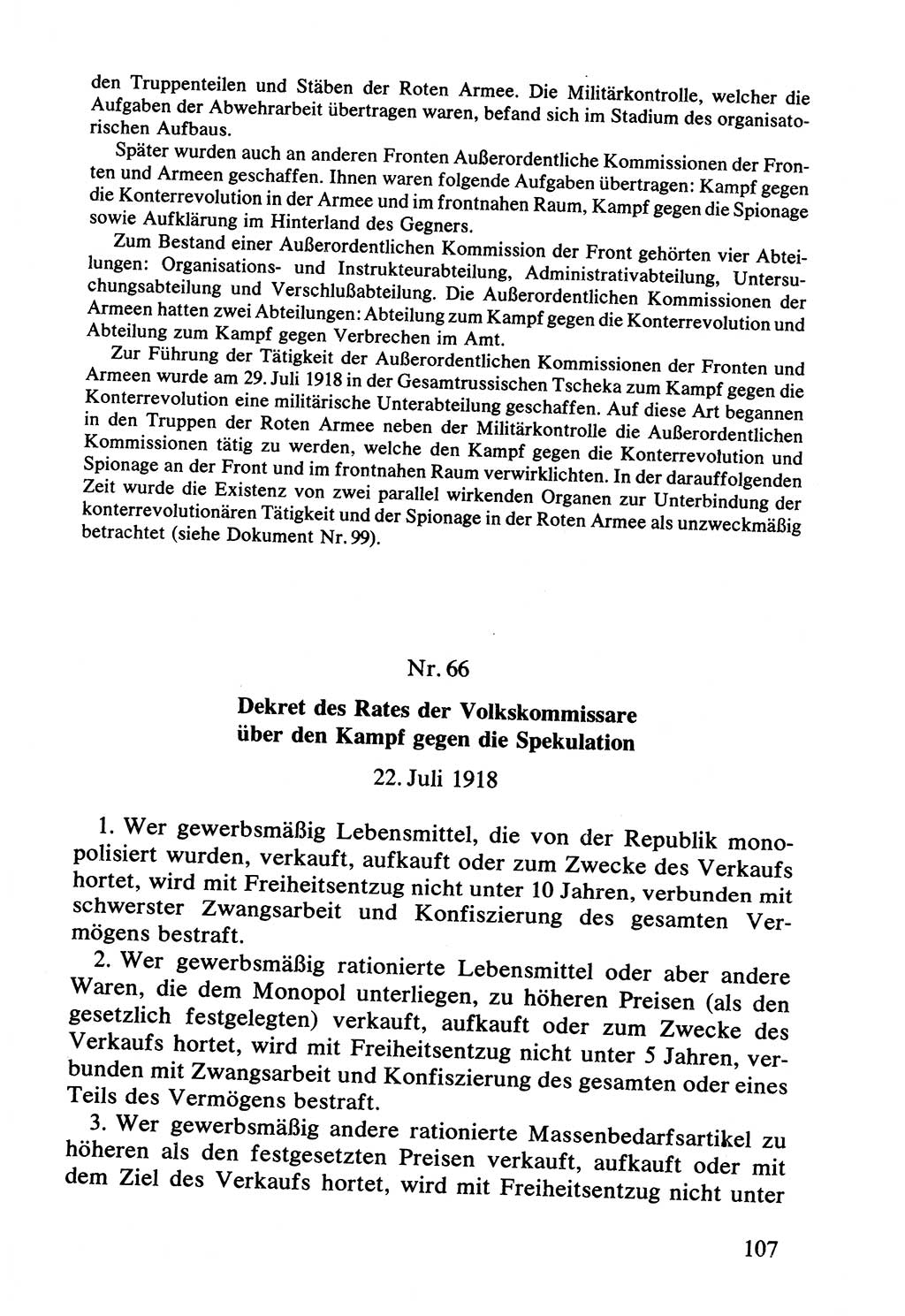 Lenin und die Gesamtrussische Tscheka, Dokumentensammlung, Ministerium für Staatssicherheit (MfS) [Deutsche Demokratische Republik (DDR)], Juristische Hochschule (JHS) Potsdam 1977, Seite 107 (Tscheka Dok. MfS DDR 1977, S. 107)